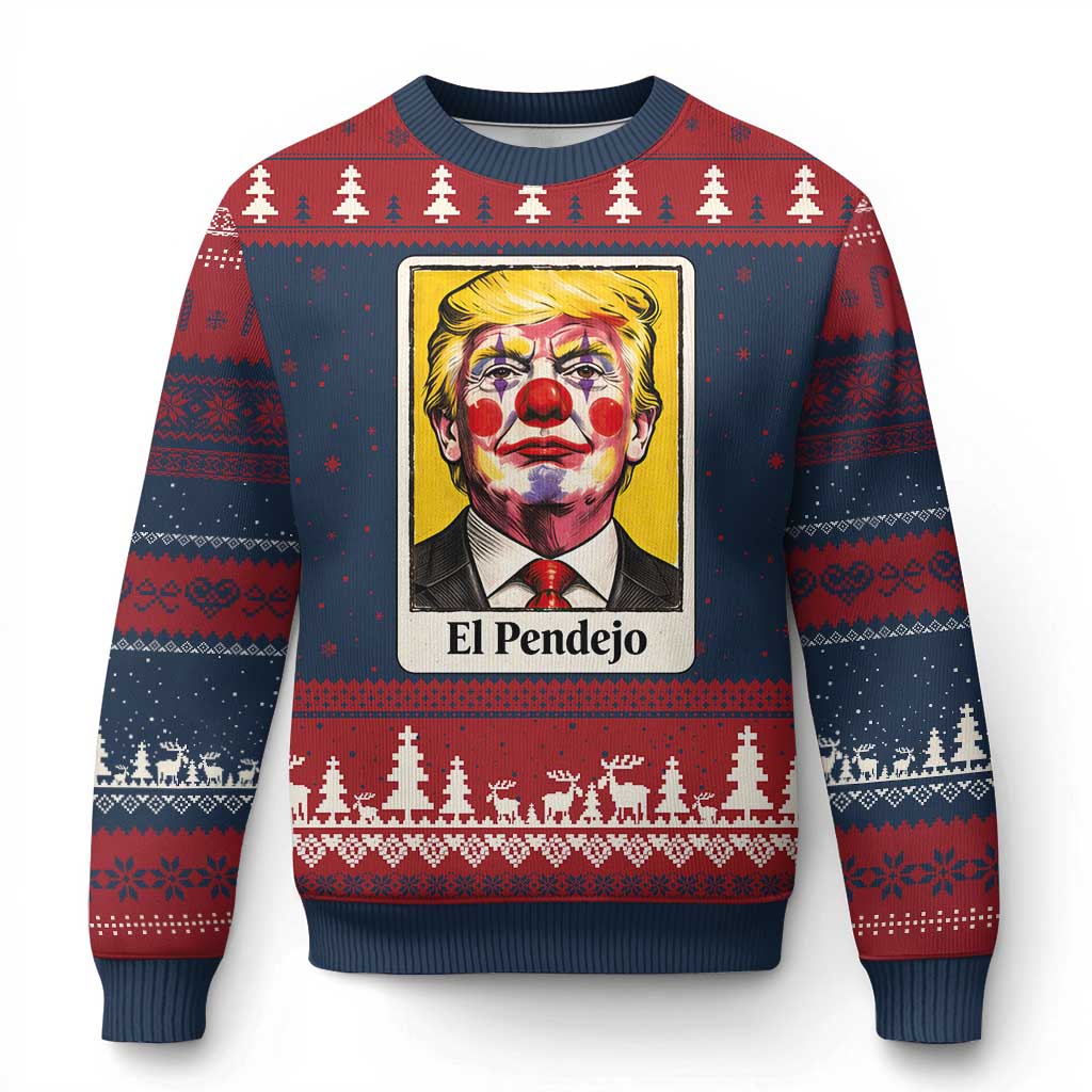 El Pendejo Clown Portrait Satire Ugly Christmas Sweater Bold Political Humor Vintage Caricature