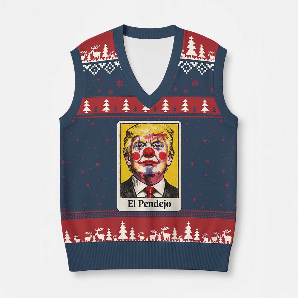 El Pendejo Clown Portrait Satire V-Neck Knit Sweater Vest Bold Political Humor Vintage Caricature