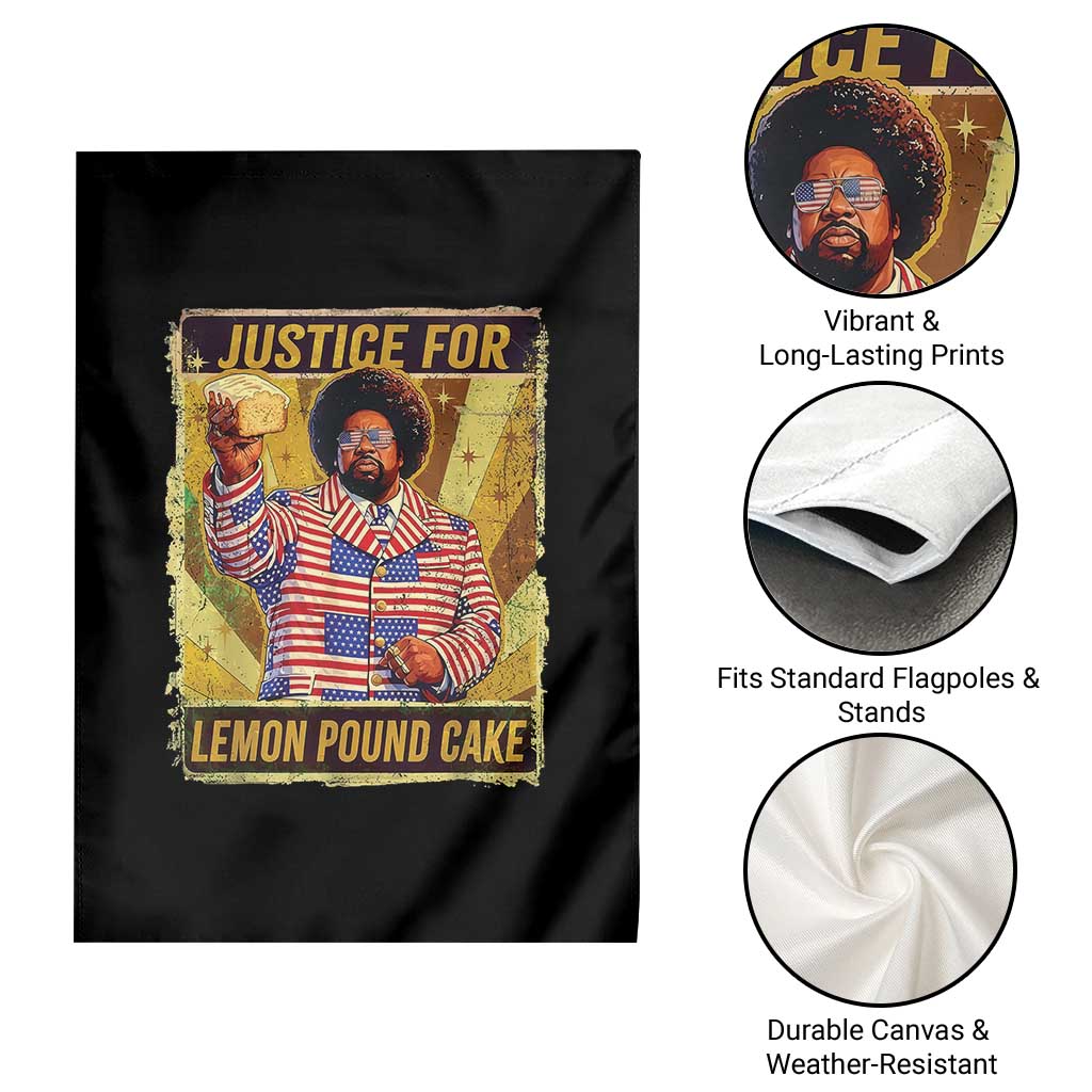 Justice for Lemon Pound Cake Vintage Retro Garden Flag Funny Viral Hip Hop Meme Parody Internet Culture Fans