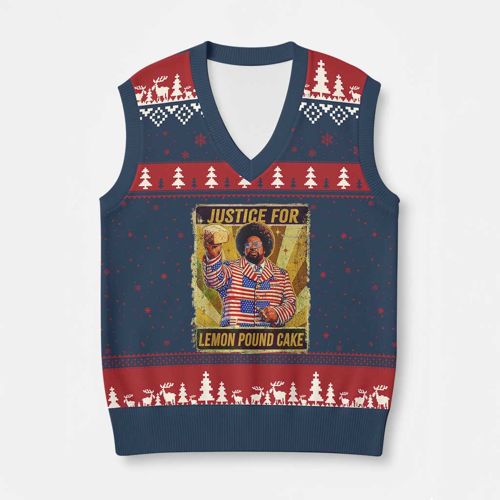 Justice for Lemon Pound Cake Vintage Retro V-Neck Knit Sweater Vest Funny Viral Hip Hop Meme Parody Internet Culture Fans