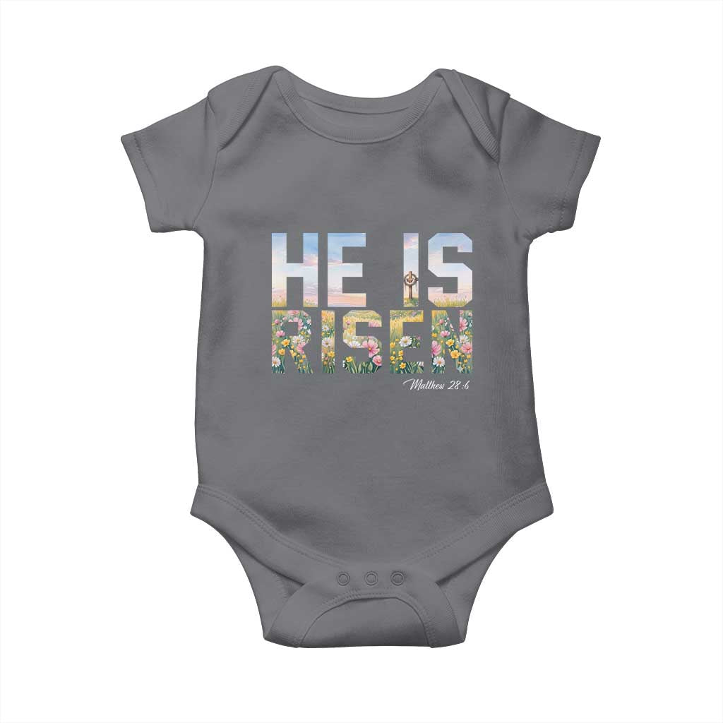 He Is Risen Matthew 28:6 Floral Christian Easter Baby Onesie Spring Flowers Cross Landscape Faith Inspirational Gift