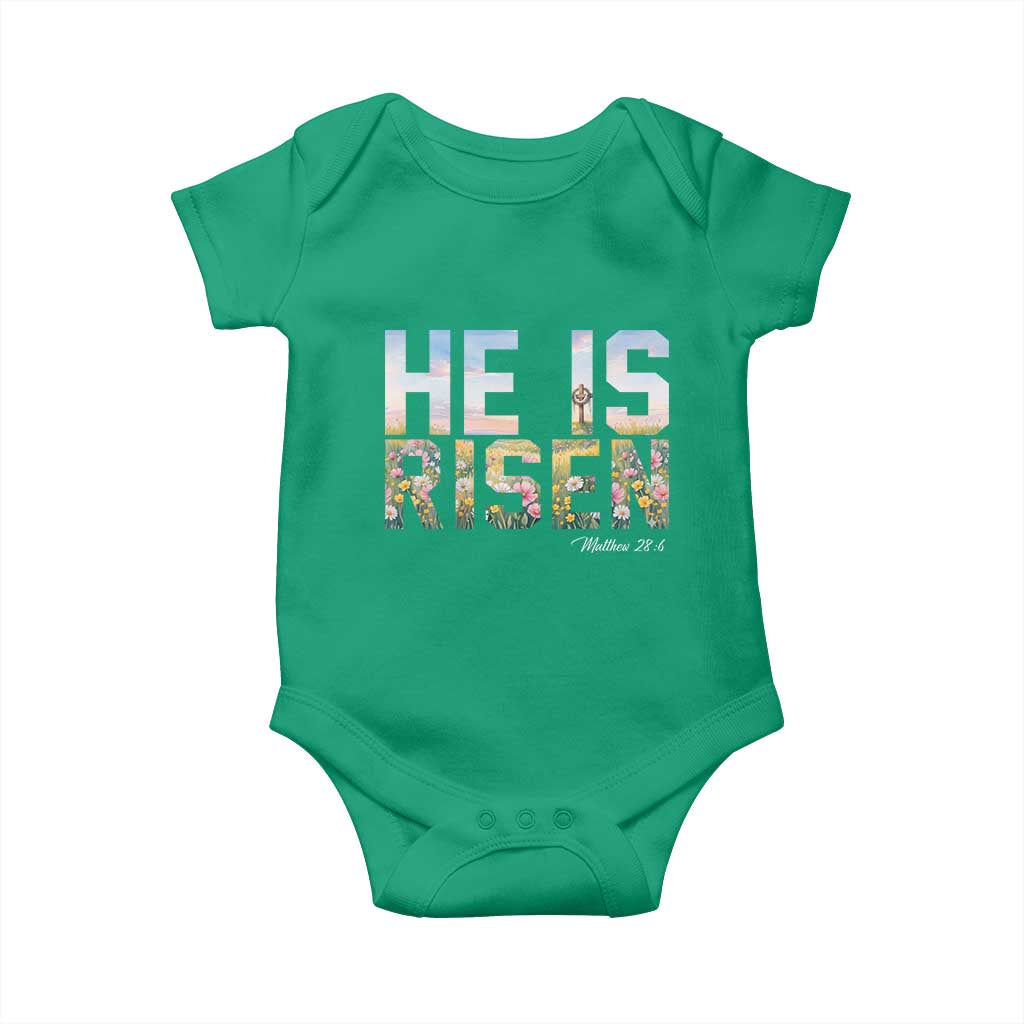 He Is Risen Matthew 28:6 Floral Christian Easter Baby Onesie Spring Flowers Cross Landscape Faith Inspirational Gift
