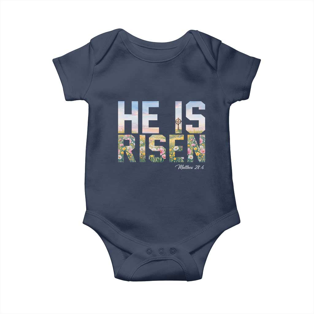 He Is Risen Matthew 28:6 Floral Christian Easter Baby Onesie Spring Flowers Cross Landscape Faith Inspirational Gift