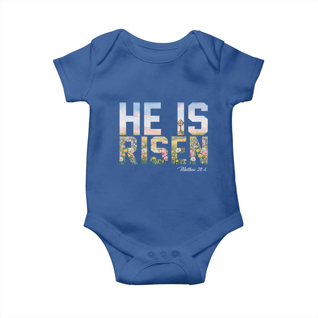 He Is Risen Matthew 28:6 Floral Christian Easter Baby Onesie Spring Flowers Cross Landscape Faith Inspirational Gift