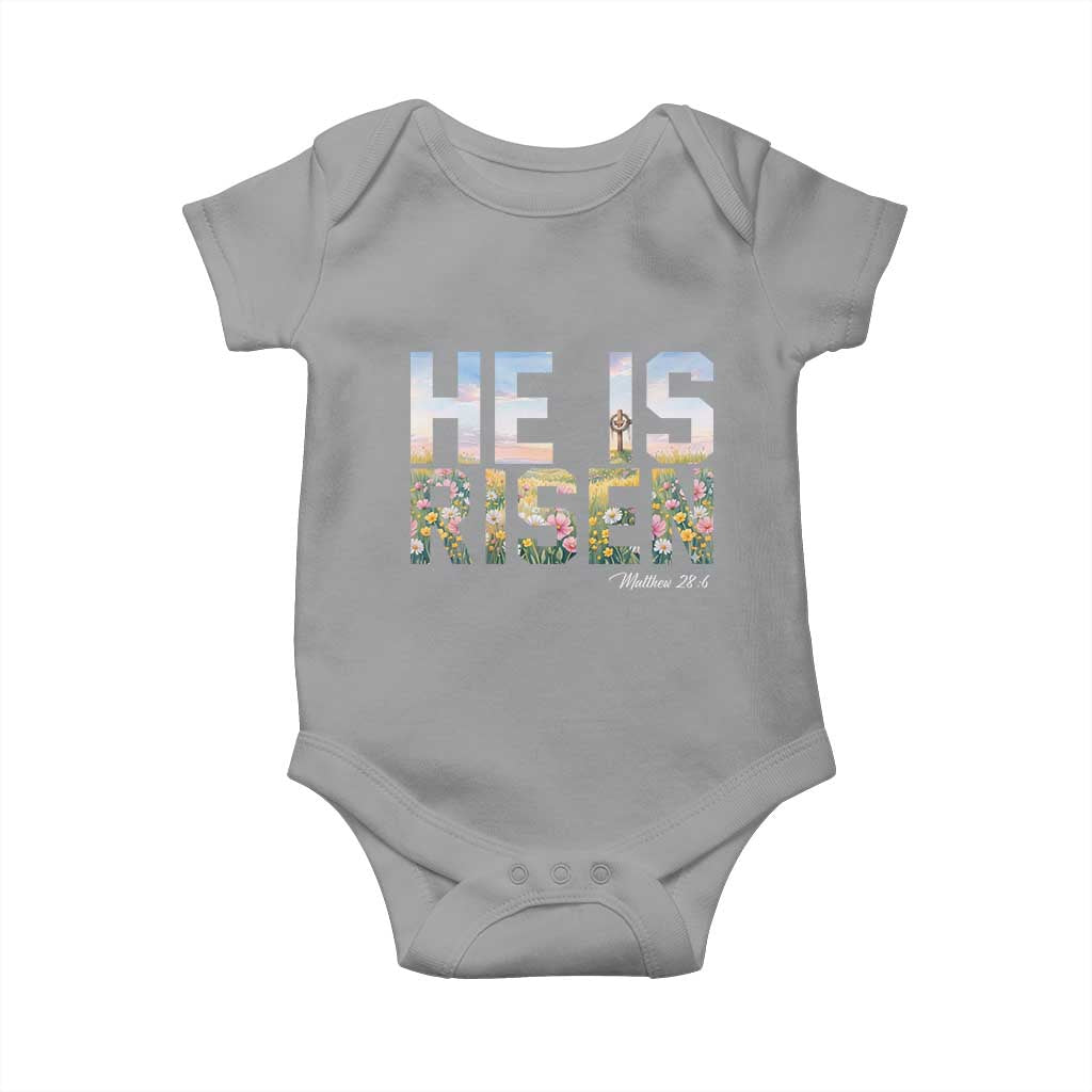 He Is Risen Matthew 28:6 Floral Christian Easter Baby Onesie Spring Flowers Cross Landscape Faith Inspirational Gift