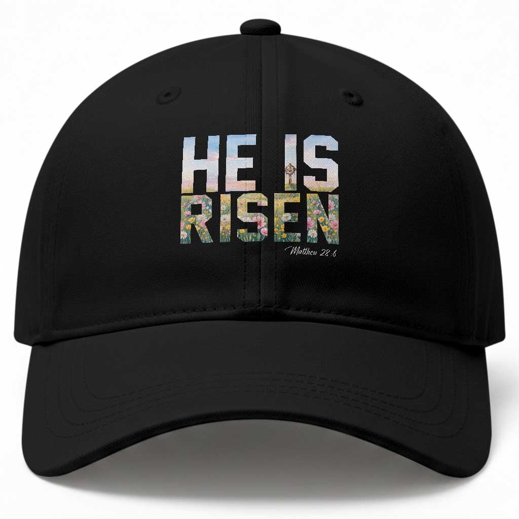 He Is Risen Matthew 28:6 Floral Christian Easter Baseball Cap Spring Flowers Cross Landscape Faith Inspirational Gift