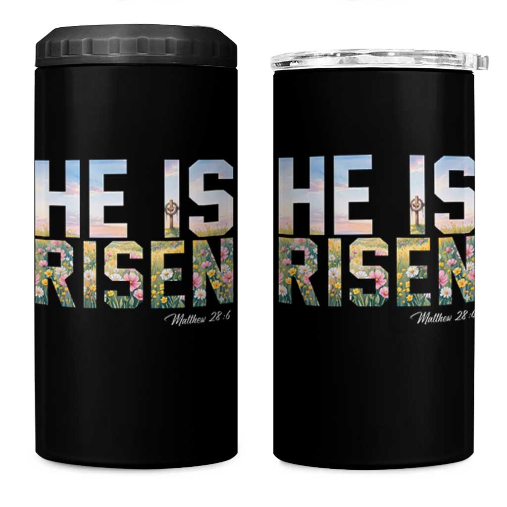 He Is Risen Matthew 28:6 Floral Christian Easter 4 in 1 Can Cooler Tumbler Spring Flowers Cross Landscape Faith Inspirational Gift