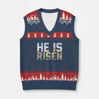 He Is Risen Matthew 28:6 Floral Christian Easter V-Neck Knit Sweater Vest Spring Flowers Cross Landscape Faith Inspirational Gift
