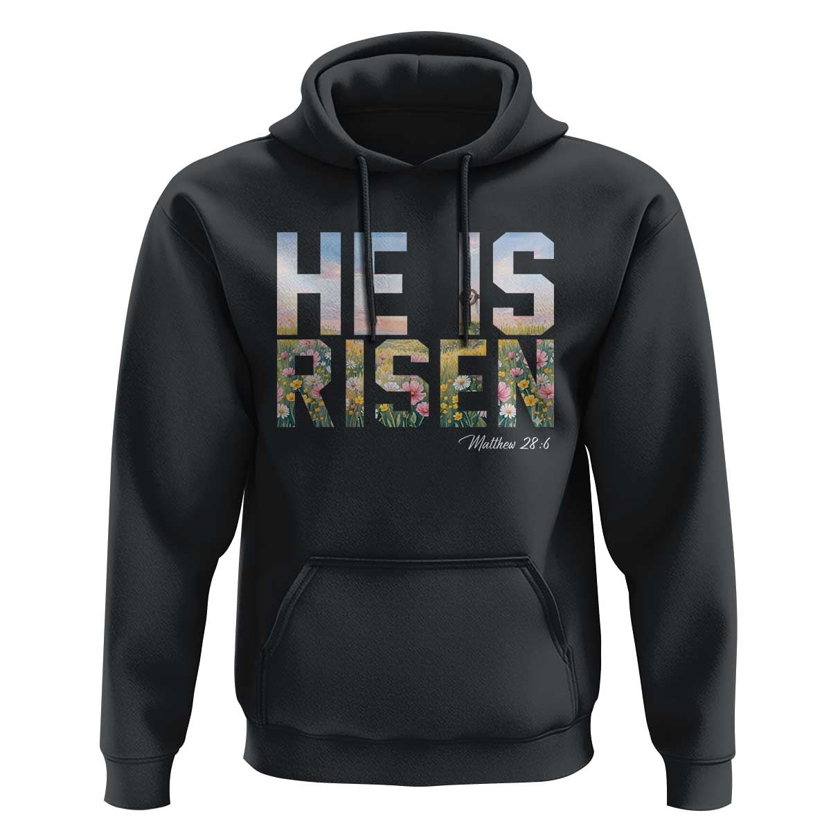 He Is Risen Matthew 28:6 Floral Christian Easter Hoodie Spring Flowers Cross Landscape Faith Inspirational Gift