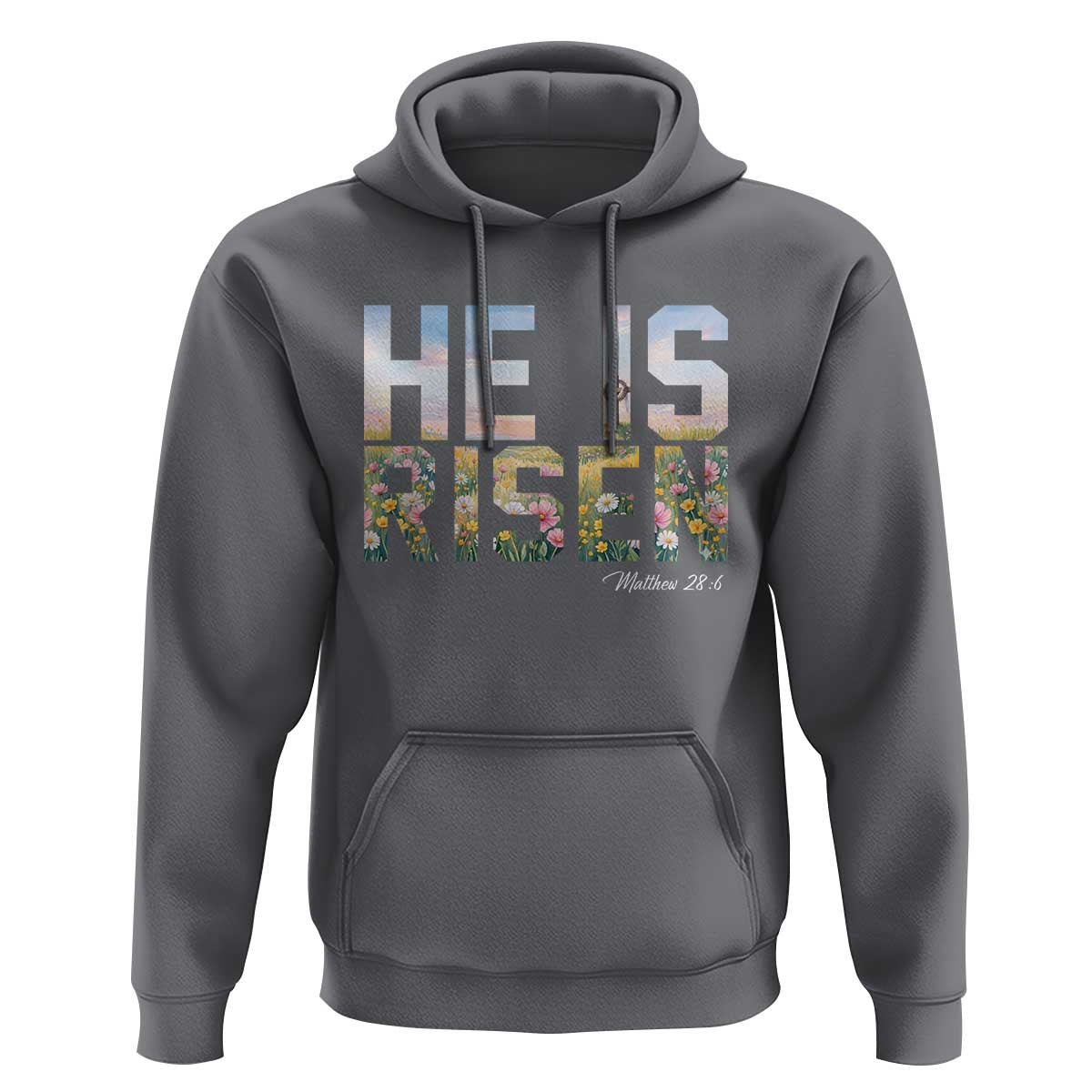 He Is Risen Matthew 28:6 Floral Christian Easter Hoodie Spring Flowers Cross Landscape Faith Inspirational Gift