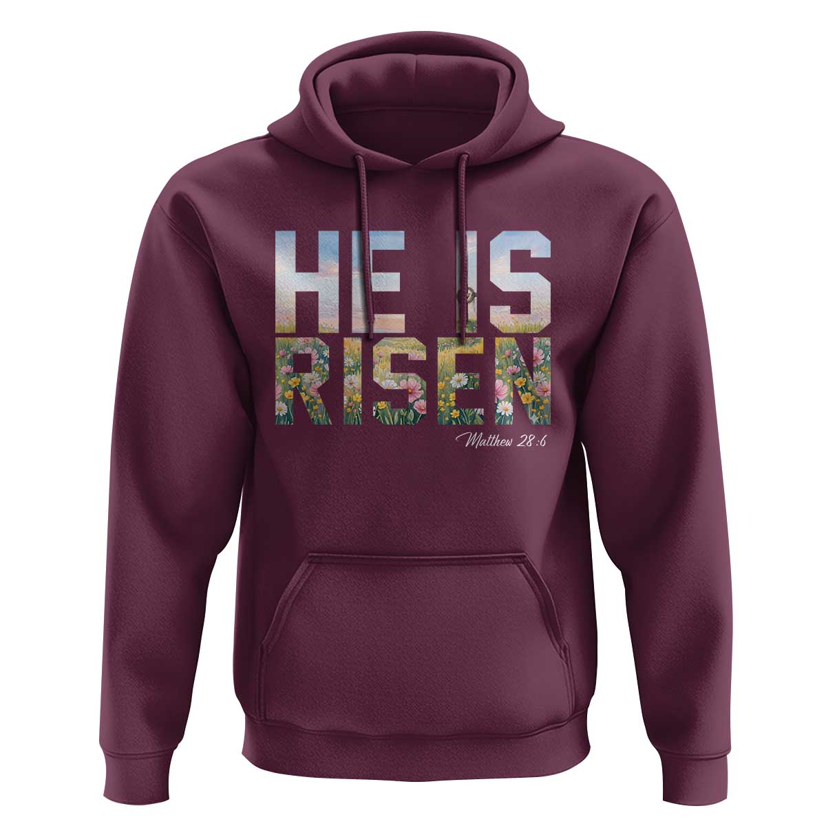 He Is Risen Matthew 28:6 Floral Christian Easter Hoodie Spring Flowers Cross Landscape Faith Inspirational Gift