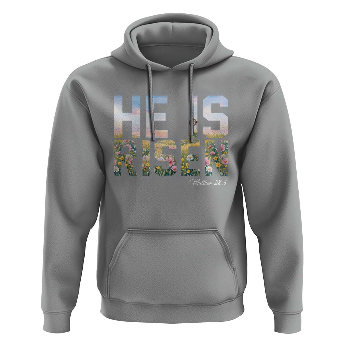 He Is Risen Matthew 28:6 Floral Christian Easter Hoodie Spring Flowers Cross Landscape Faith Inspirational Gift