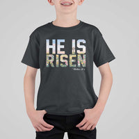 He Is Risen Matthew 28:6 Floral Christian Easter T Shirt For Kid Spring Flowers Cross Landscape Faith Inspirational Gift