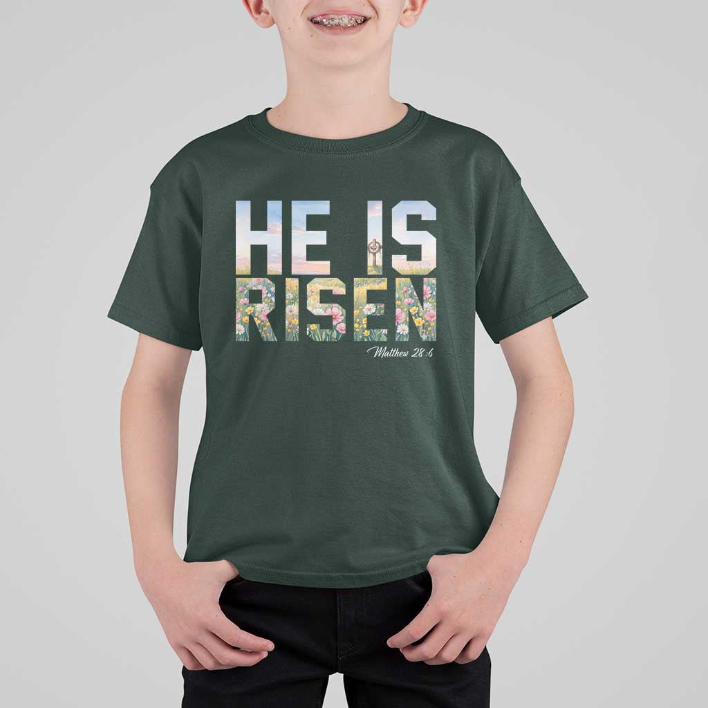 He Is Risen Matthew 28:6 Floral Christian Easter T Shirt For Kid Spring Flowers Cross Landscape Faith Inspirational Gift