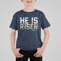 He Is Risen Matthew 28:6 Floral Christian Easter T Shirt For Kid Spring Flowers Cross Landscape Faith Inspirational Gift