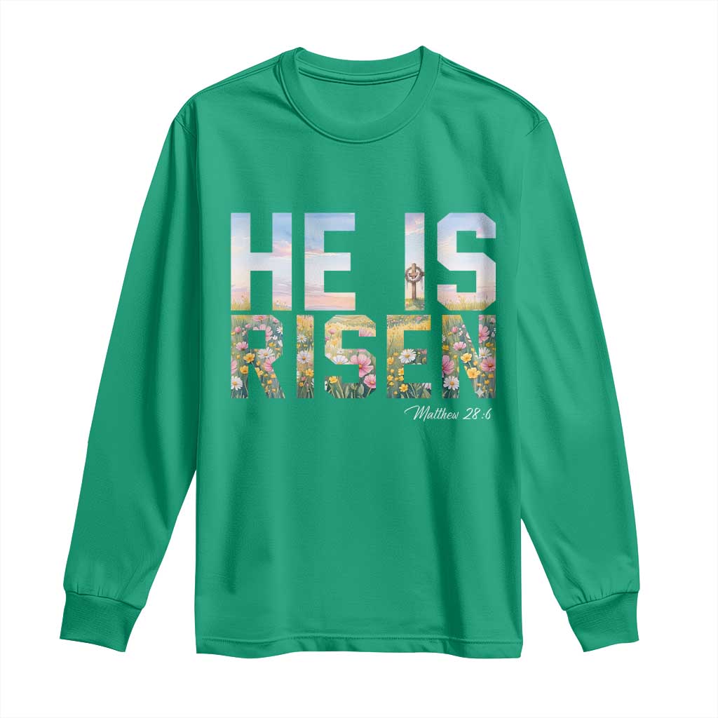 He Is Risen Matthew 28:6 Floral Christian Easter Long Sleeve Shirt Spring Flowers Cross Landscape Faith Inspirational Gift