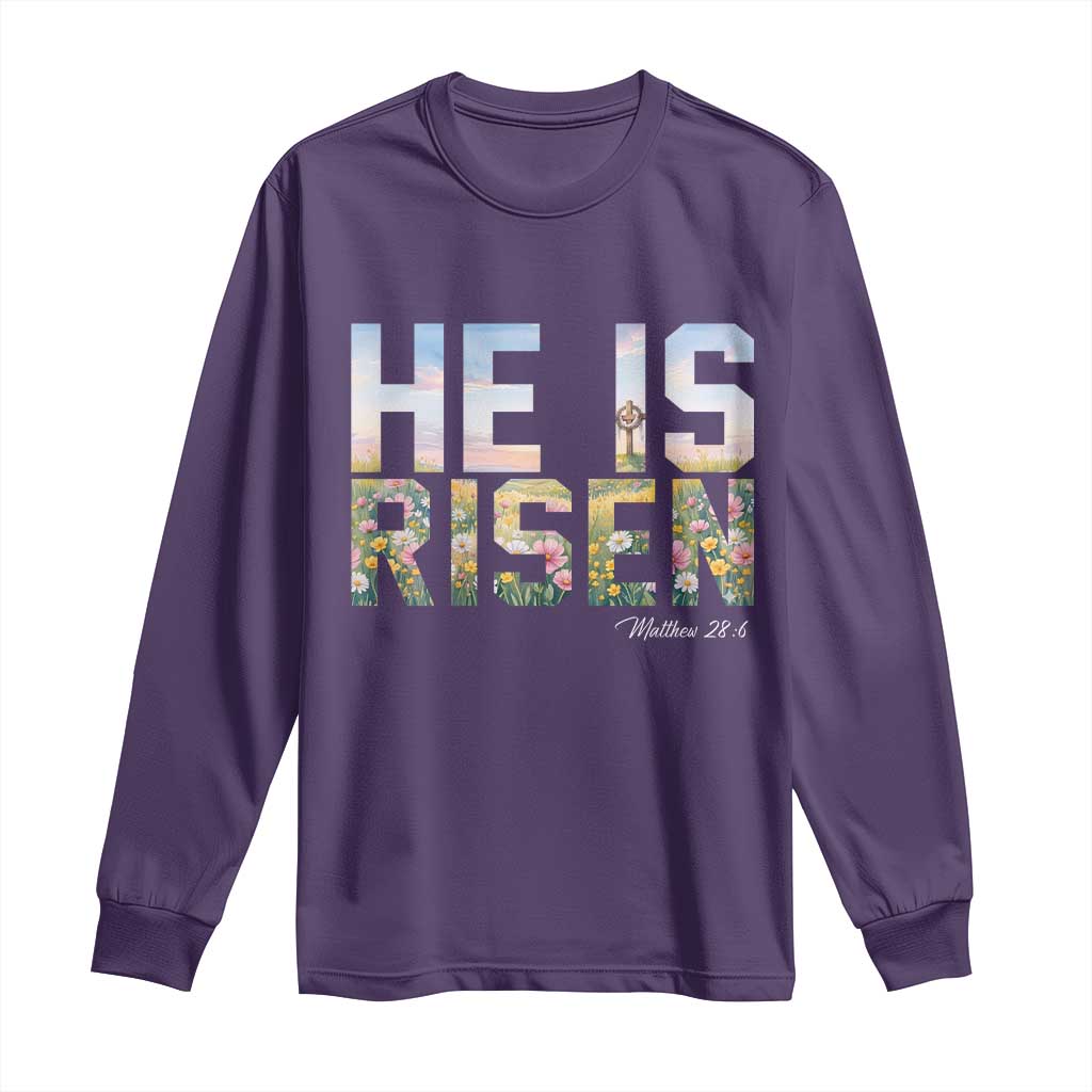 He Is Risen Matthew 28:6 Floral Christian Easter Long Sleeve Shirt Spring Flowers Cross Landscape Faith Inspirational Gift