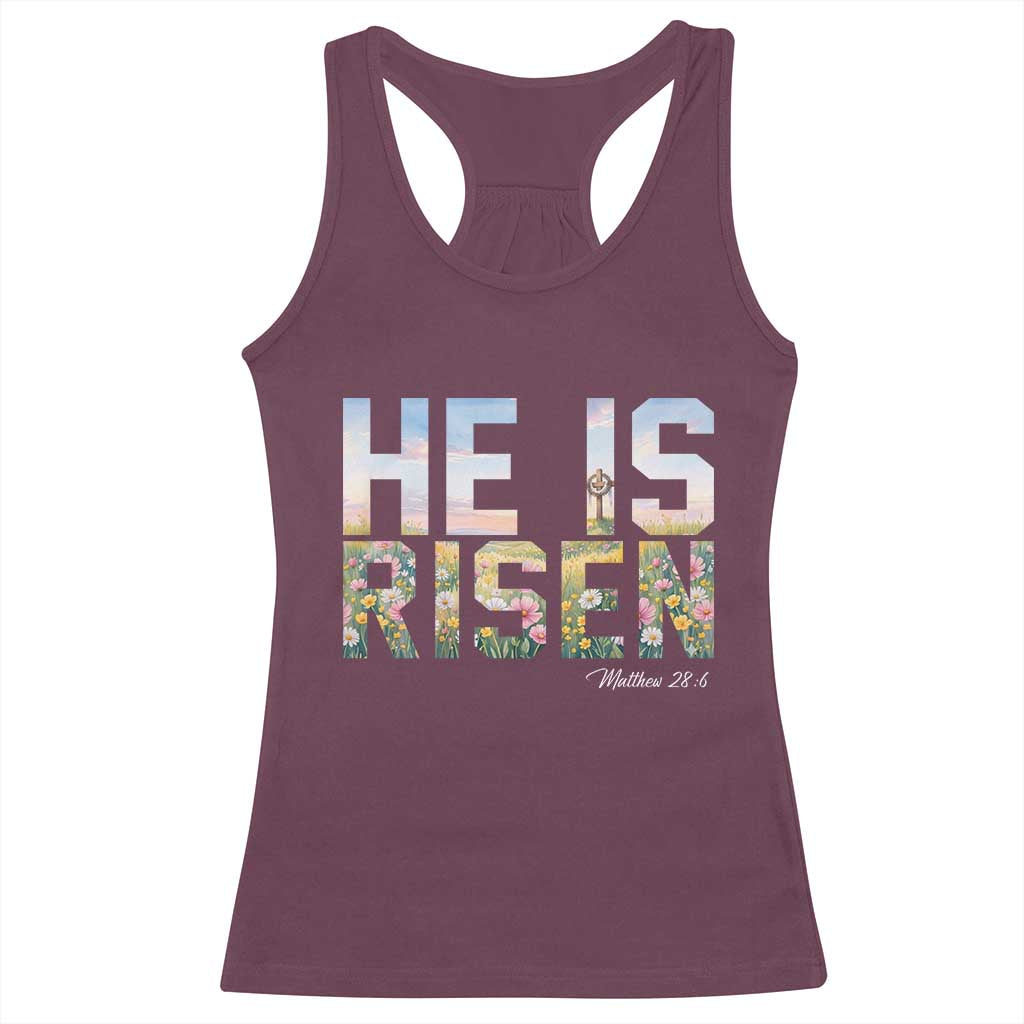 He Is Risen Matthew 28:6 Floral Christian Easter Racerback Tank Top Spring Flowers Cross Landscape Faith Inspirational Gift