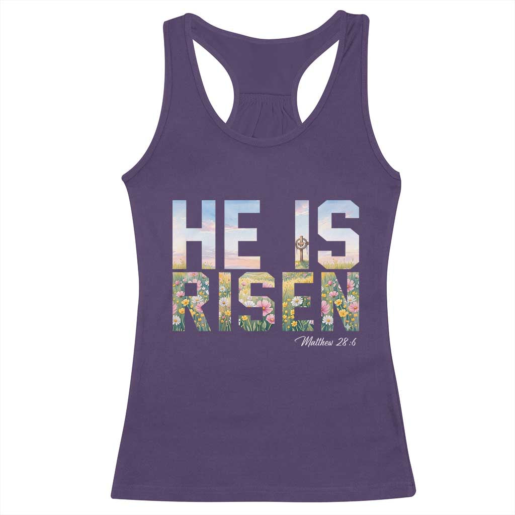He Is Risen Matthew 28:6 Floral Christian Easter Racerback Tank Top Spring Flowers Cross Landscape Faith Inspirational Gift