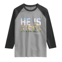 He Is Risen Matthew 28:6 Floral Christian Easter Raglan Shirt Spring Flowers Cross Landscape Faith Inspirational Gift