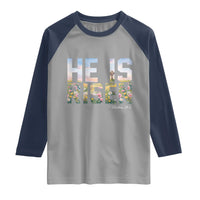 He Is Risen Matthew 28:6 Floral Christian Easter Raglan Shirt Spring Flowers Cross Landscape Faith Inspirational Gift