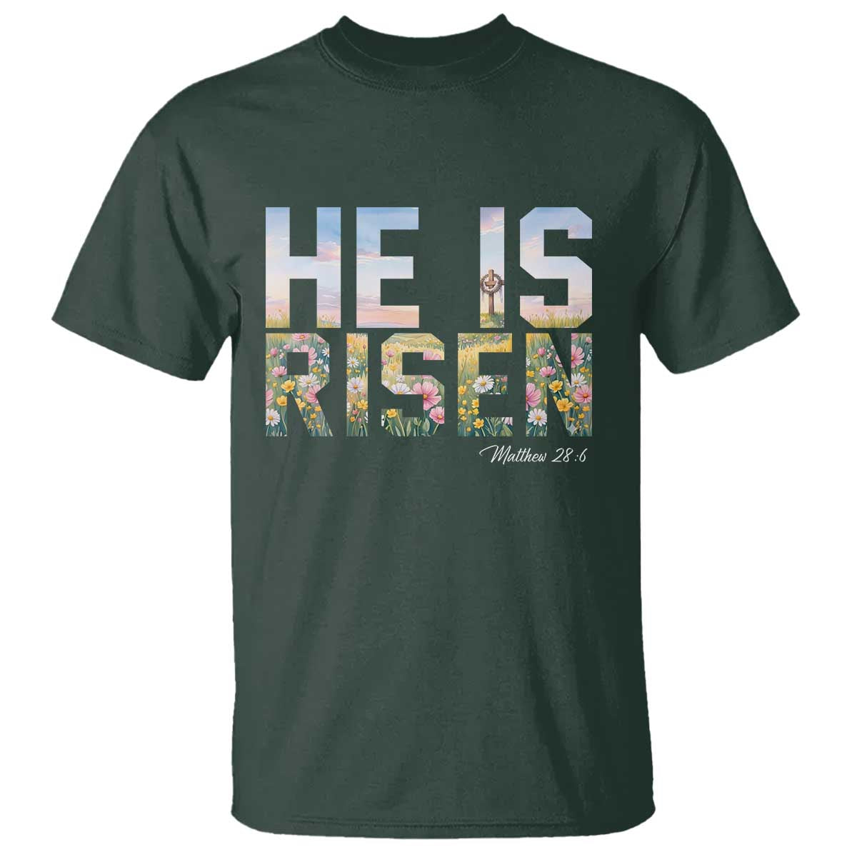 He Is Risen Matthew 28:6 Floral Christian Easter T Shirt Spring Flowers Cross Landscape Faith Inspirational Gift