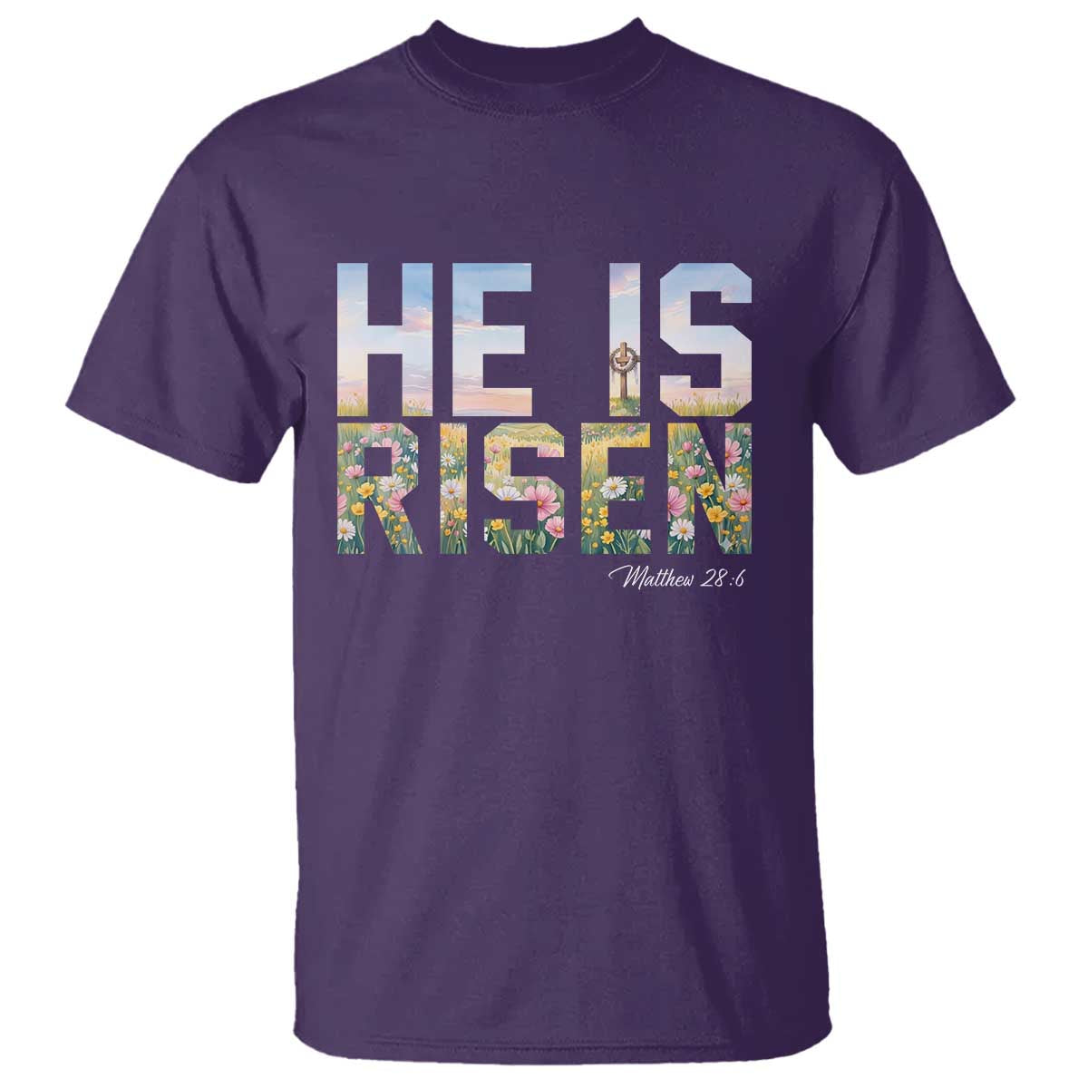 He Is Risen Matthew 28:6 Floral Christian Easter T Shirt Spring Flowers Cross Landscape Faith Inspirational Gift