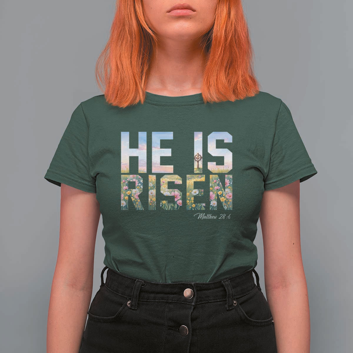 He Is Risen Matthew 28:6 Floral Christian Easter T Shirt For Women Spring Flowers Cross Landscape Faith Inspirational Gift