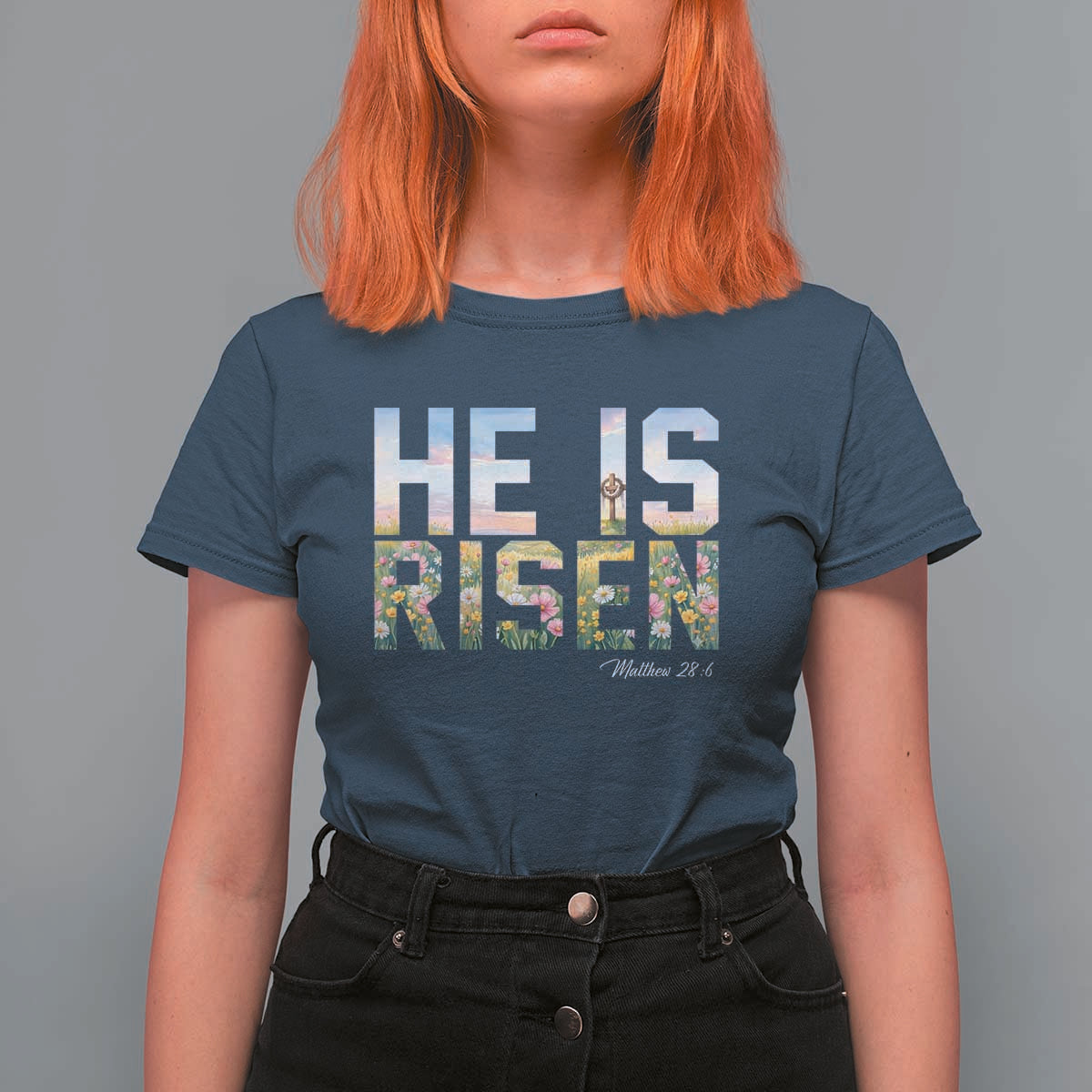 He Is Risen Matthew 28:6 Floral Christian Easter T Shirt For Women Spring Flowers Cross Landscape Faith Inspirational Gift