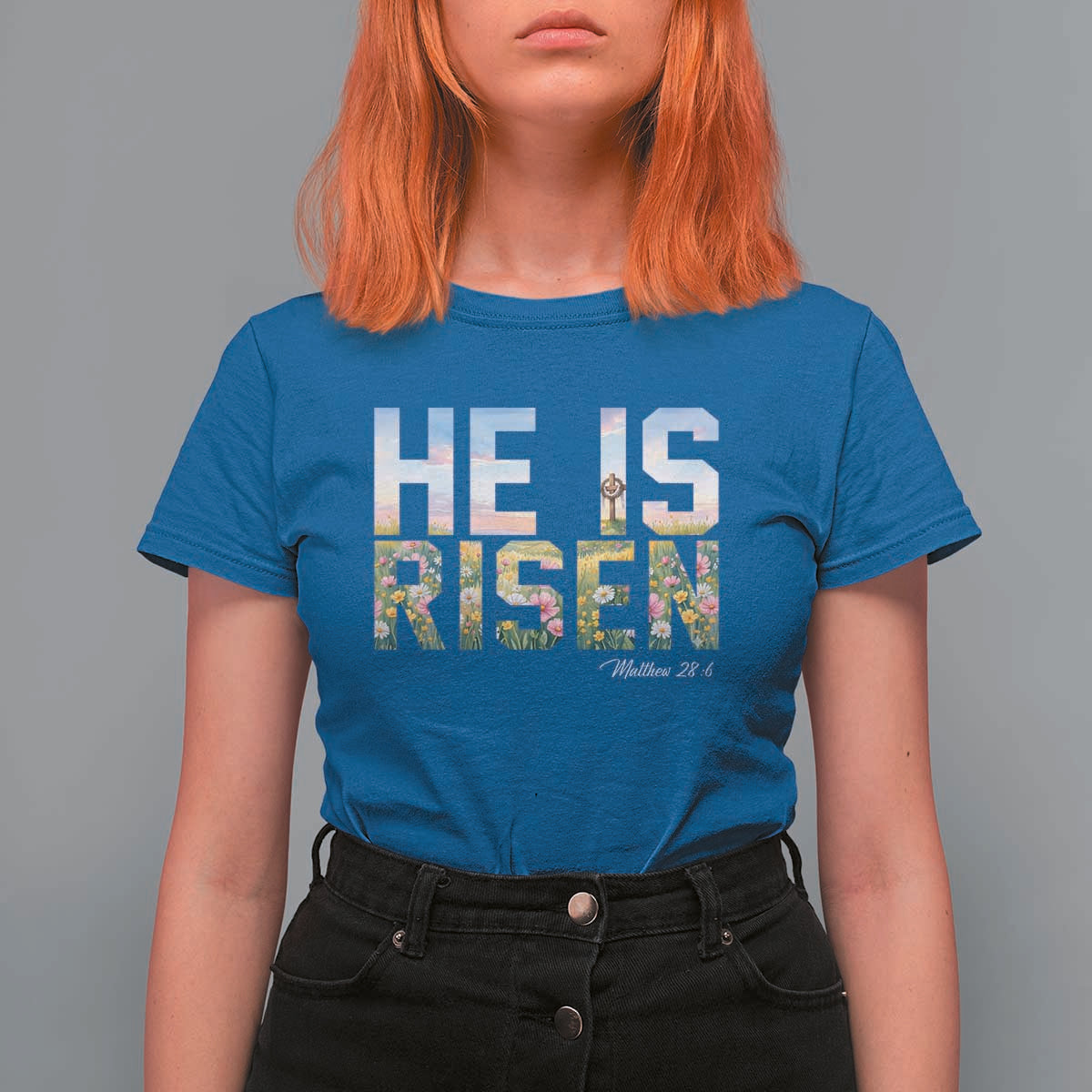 He Is Risen Matthew 28:6 Floral Christian Easter T Shirt For Women Spring Flowers Cross Landscape Faith Inspirational Gift