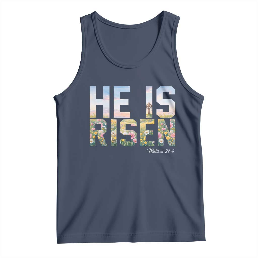 He Is Risen Matthew 28:6 Floral Christian Easter Tank Top Spring Flowers Cross Landscape Faith Inspirational Gift