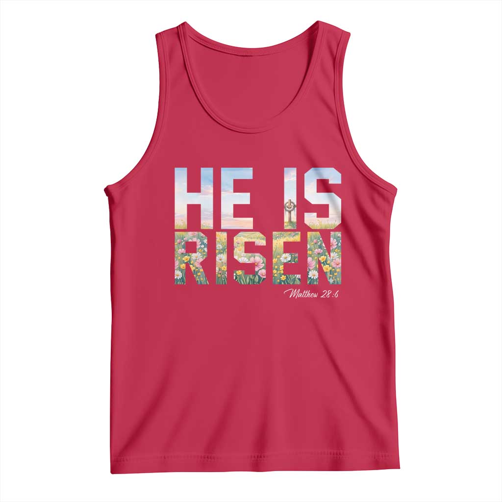 He Is Risen Matthew 28:6 Floral Christian Easter Tank Top Spring Flowers Cross Landscape Faith Inspirational Gift