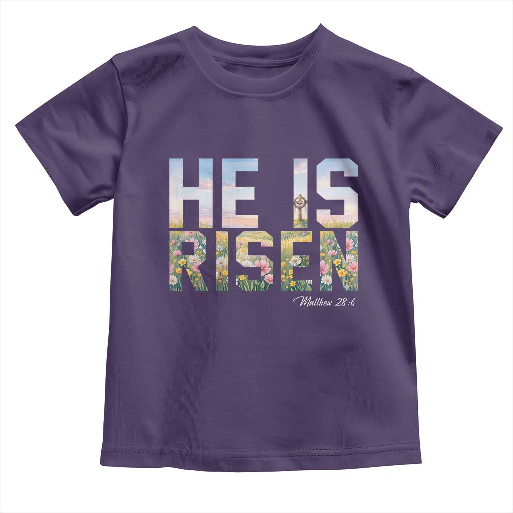 He Is Risen Matthew 28:6 Floral Christian Easter Toddler T Shirt Spring Flowers Cross Landscape Faith Inspirational Gift