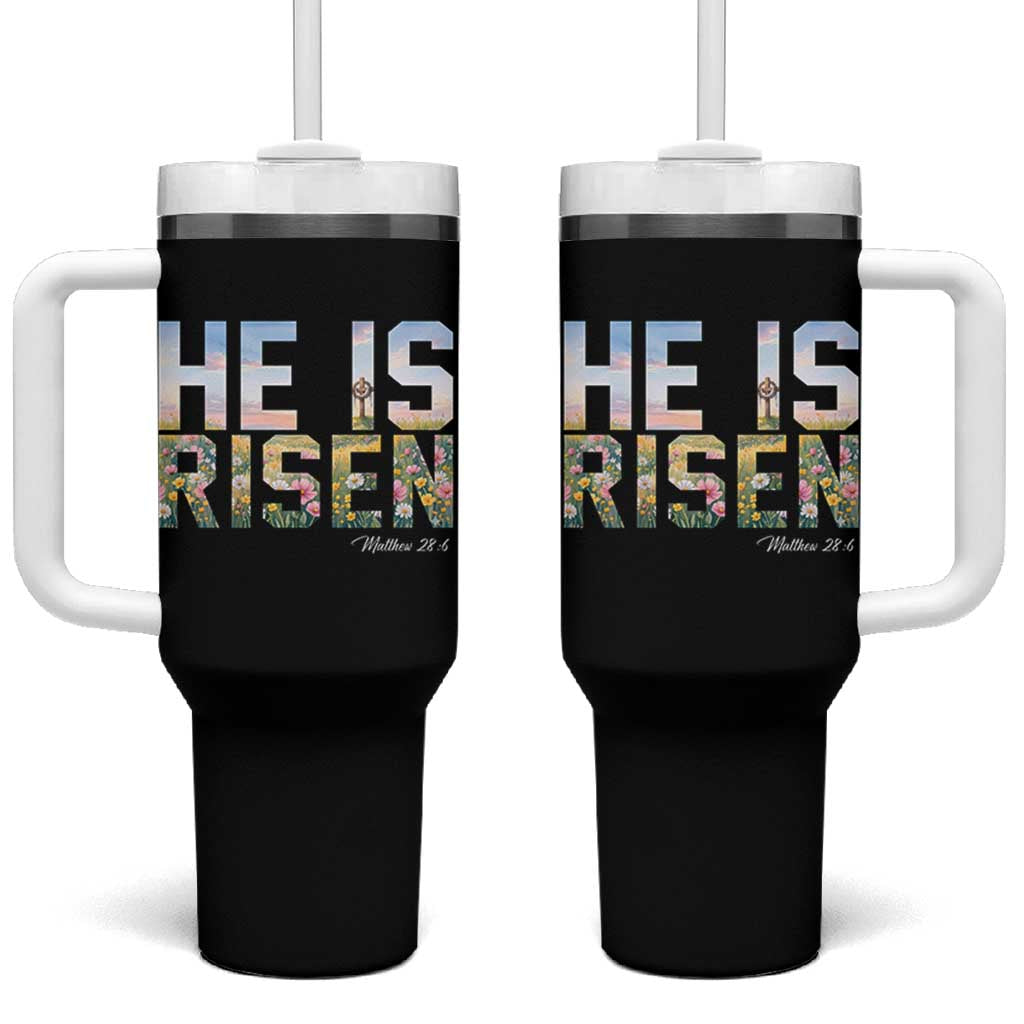 He Is Risen Matthew 28:6 Floral Christian Easter Tumbler With Handle Spring Flowers Cross Landscape Faith Inspirational Gift