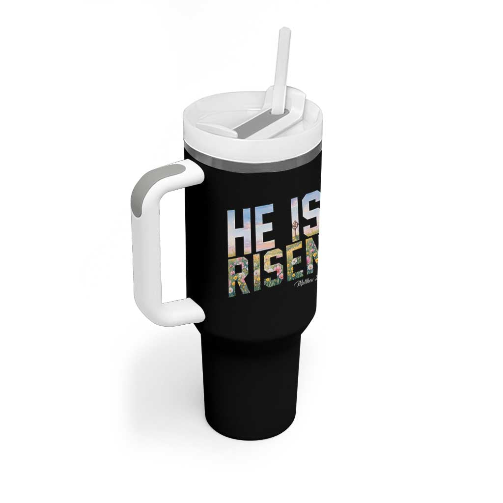 He Is Risen Matthew 28:6 Floral Christian Easter Tumbler With Handle Spring Flowers Cross Landscape Faith Inspirational Gift