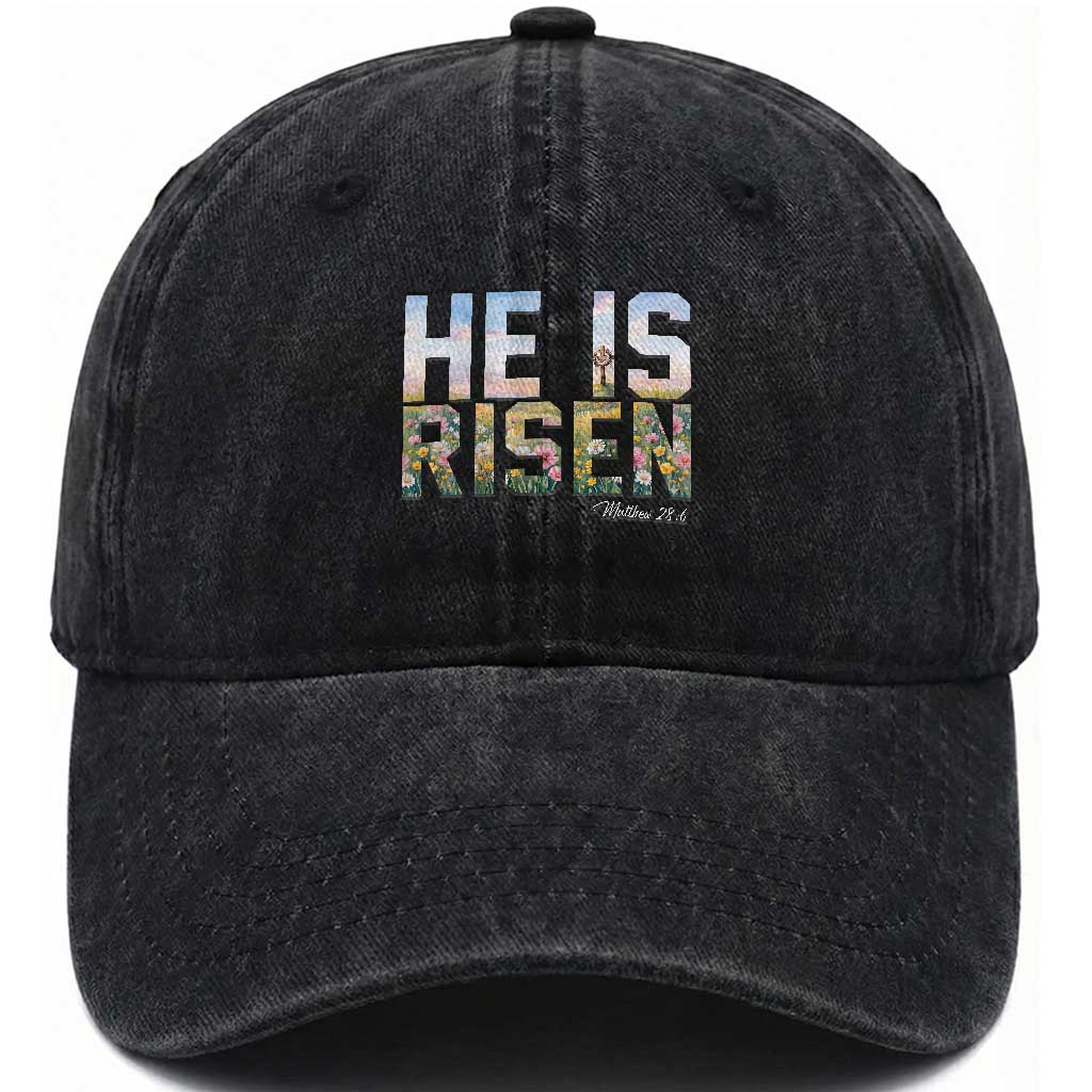 He Is Risen Matthew 28:6 Floral Christian Easter Washed Cotton Baseball Cap Spring Flowers Cross Landscape Faith Inspirational Gift