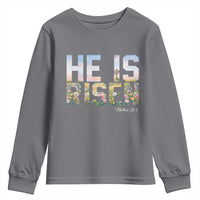 He Is Risen Matthew 28:6 Floral Christian Easter Youth Sweatshirt Spring Flowers Cross Landscape Faith Inspirational Gift