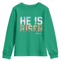 He Is Risen Matthew 28:6 Floral Christian Easter Youth Sweatshirt Spring Flowers Cross Landscape Faith Inspirational Gift