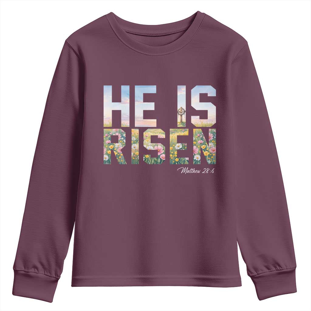 He Is Risen Matthew 28:6 Floral Christian Easter Youth Sweatshirt Spring Flowers Cross Landscape Faith Inspirational Gift