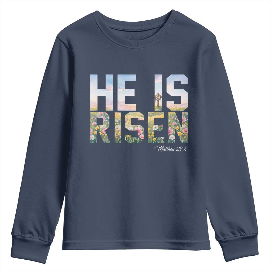 He Is Risen Matthew 28:6 Floral Christian Easter Youth Sweatshirt Spring Flowers Cross Landscape Faith Inspirational Gift