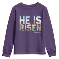 He Is Risen Matthew 28:6 Floral Christian Easter Youth Sweatshirt Spring Flowers Cross Landscape Faith Inspirational Gift