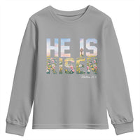 He Is Risen Matthew 28:6 Floral Christian Easter Youth Sweatshirt Spring Flowers Cross Landscape Faith Inspirational Gift