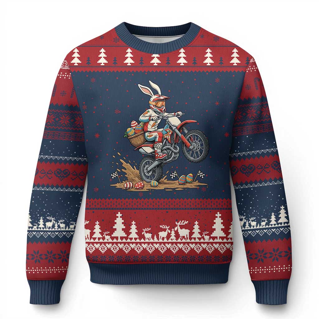 Easter Bunny Dirt Bike Rider Funny Motocross Rabbit Graphic Ugly Christmas Sweater Cool Off Road Racing Egg Hunt