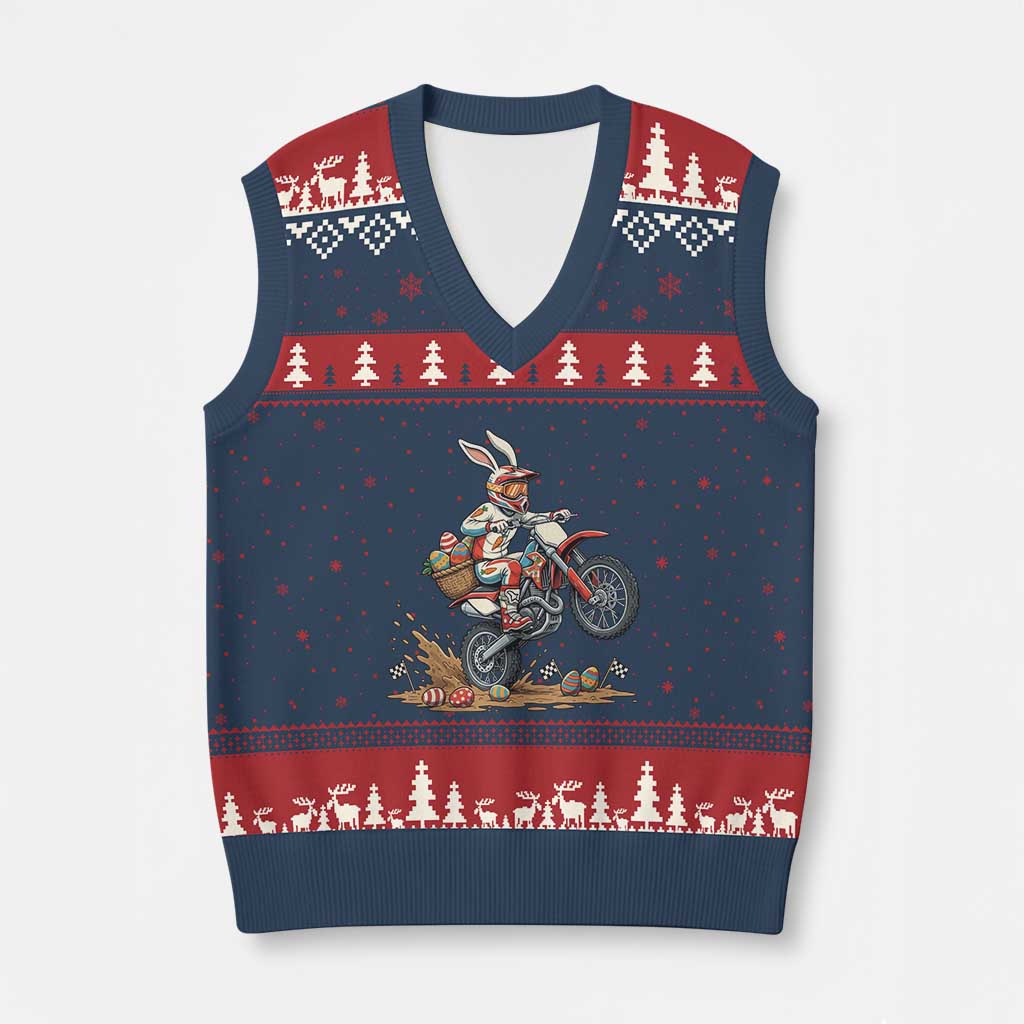 Easter Bunny Dirt Bike Rider Funny Motocross Rabbit Graphic V-Neck Knit Sweater Vest Cool Off Road Racing Egg Hunt