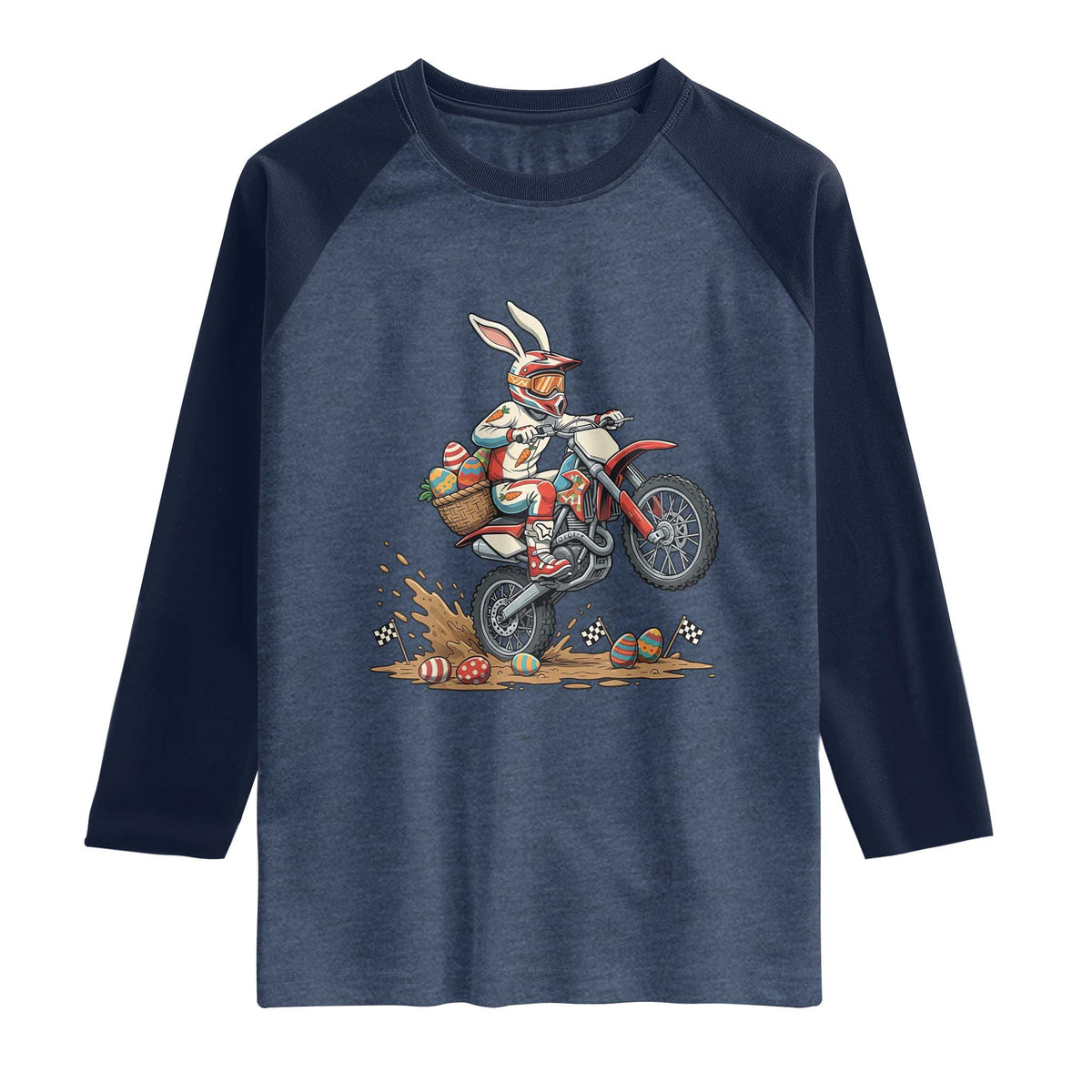 Easter Bunny Dirt Bike Rider Funny Motocross Rabbit Graphic Raglan Shirt Cool Off Road Racing Egg Hunt