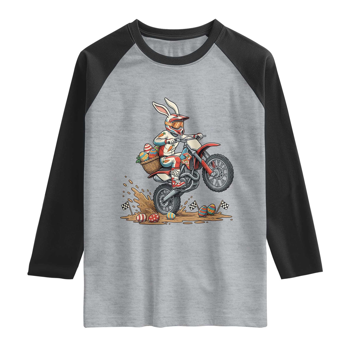 Easter Bunny Dirt Bike Rider Funny Motocross Rabbit Graphic Raglan Shirt Cool Off Road Racing Egg Hunt