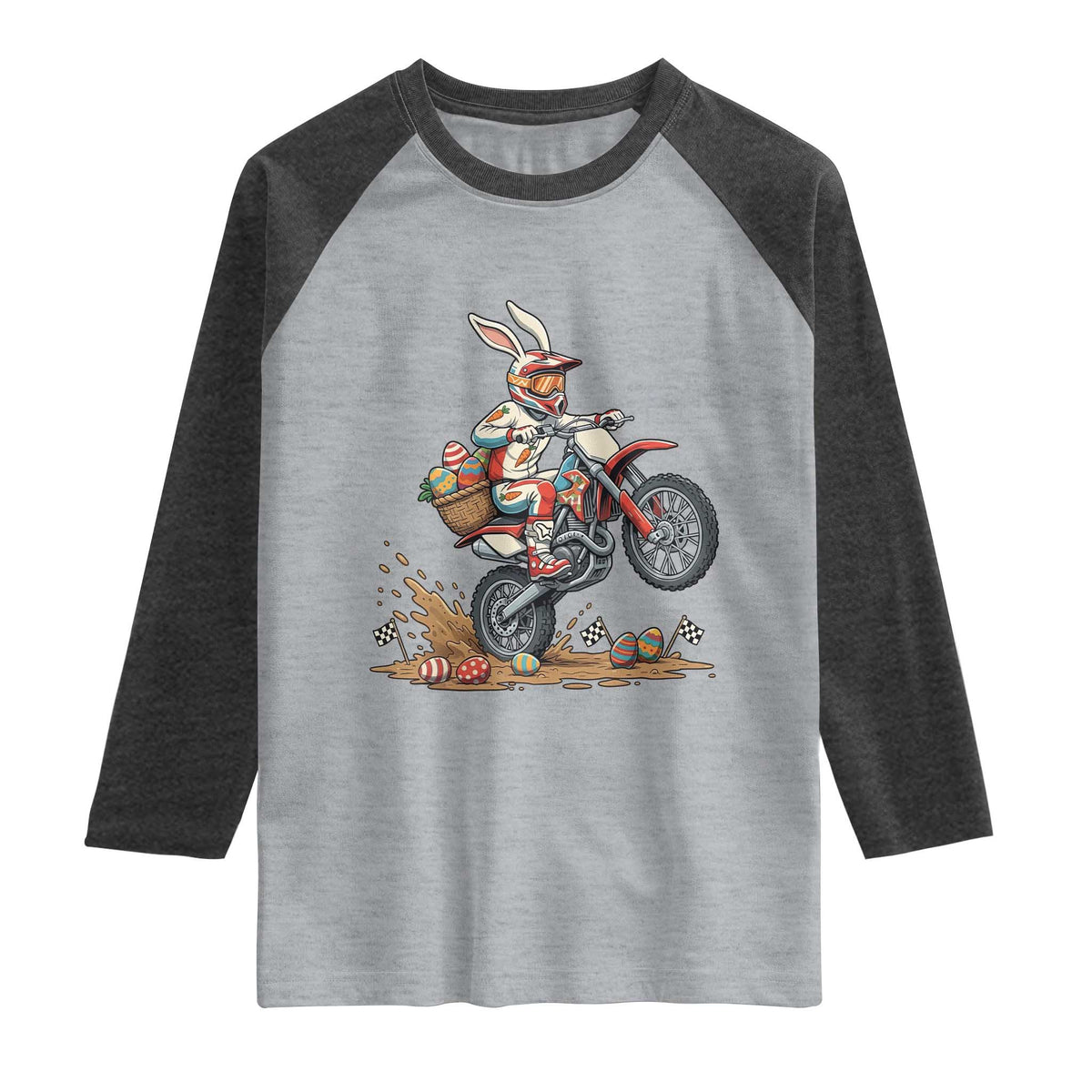 Easter Bunny Dirt Bike Rider Funny Motocross Rabbit Graphic Raglan Shirt Cool Off Road Racing Egg Hunt