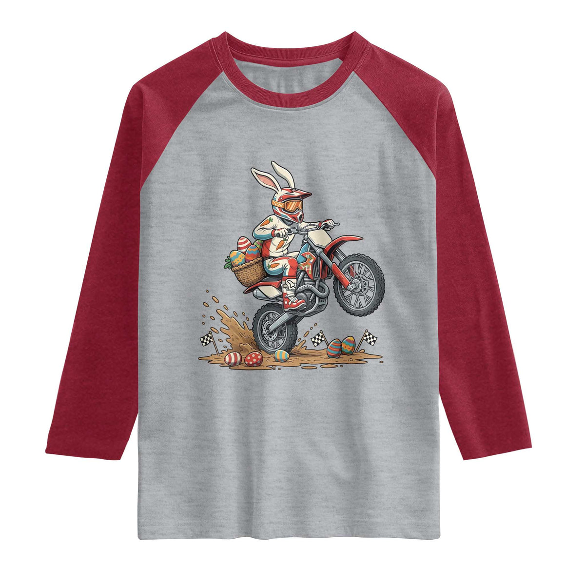 Easter Bunny Dirt Bike Rider Funny Motocross Rabbit Graphic Raglan Shirt Cool Off Road Racing Egg Hunt