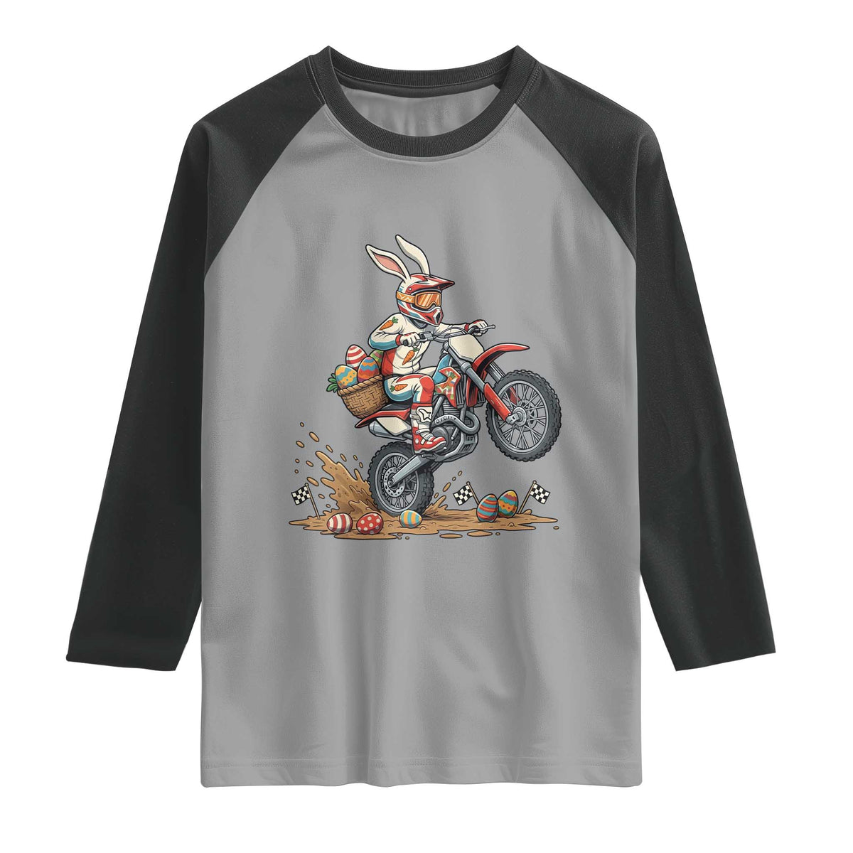 Easter Bunny Dirt Bike Rider Funny Motocross Rabbit Graphic Raglan Shirt Cool Off Road Racing Egg Hunt