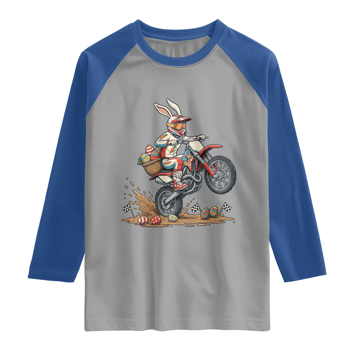 Easter Bunny Dirt Bike Rider Funny Motocross Rabbit Graphic Raglan Shirt Cool Off Road Racing Egg Hunt